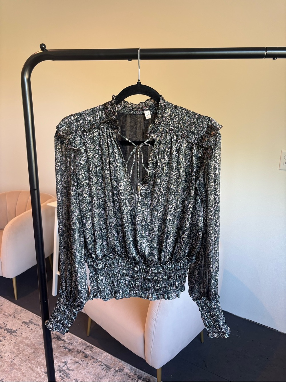 Elan Black Paisley Smocked-Waist Long Sleeve Blouse